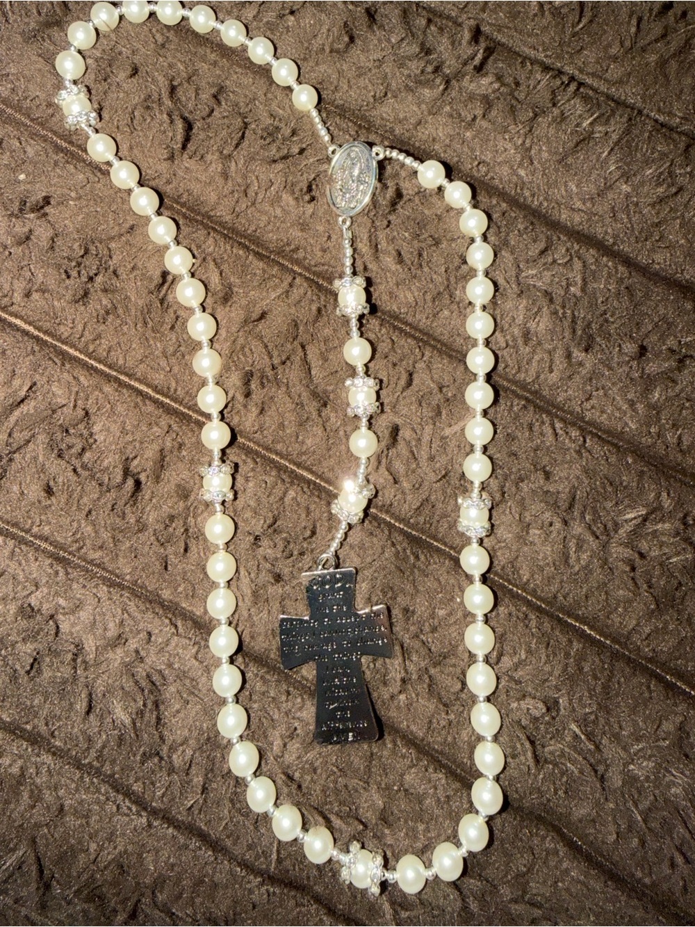 Pearl Bead Rosary Necklace with Silver Cross